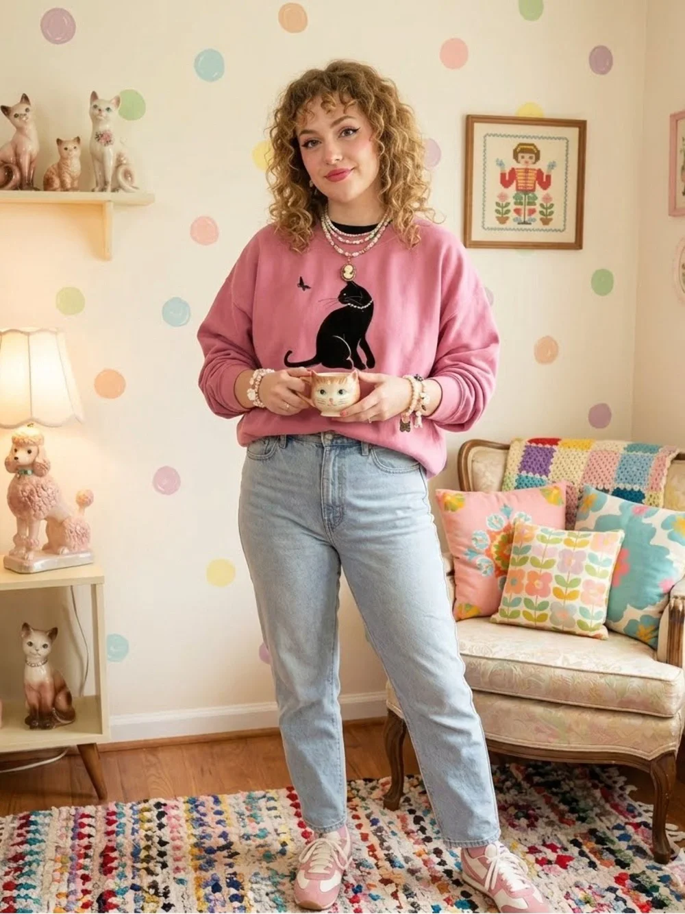 VTG 90s Top Stitch by Morning Sun Black Cat Velvet Pearl Collar Sweatshirt Pink